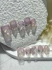 Bộ 10 miếng dán móng tay hình hoa Paulownia 3D mùa xuân, móng giả mắt mèo màu tím và hồng bóng, móng giả hình cánh bướm ngọc trai hình bầu dục (1 miếng dán dạng thạch + 1 dũa móng) - Màu tím hoa cà - Xem 2