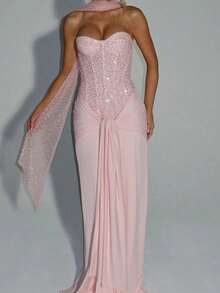 Women's Dresses European Style Sexy Hot Girl Tube Top High Waist Slim Fit Bandage Solid Color Dress Wedding Party - 粉色 - 查看 2