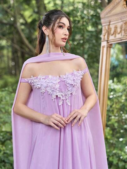 Faeriesty Women's Elegant High Neck Long Chiffon Evening Dress With 3D Floral Decor, Suitable For Spring Weddings, Garden Parties, And Outdoor Forest Celebrations