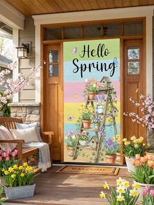 1 pezzo Decorazione per porta in poliestere con fontana, ninfee, libellule e farfalle, sfondo turchese pastello con accenti floreali, decorazione riutilizzabile e durevole per portico anteriore, forniture per la primavera, regali di primavera, accessori per feste di primavera, decorazione per casa, soggiorno, camera da letto, cucina, ingresso, photobooth - 002 - Visualizzare 5