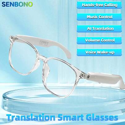  Gafas inteligentes de traducción de moda SENBONO para mujeres y hombres, compatible con talla grande de 100 idiomas con traducción en tiempo real, gafas de audio multifuncionales para hombres y mujeres, con micrófono y altavoz incorporados, para responder/rechazar llamadas, control de volumen, reproducción de música y llamadas de voz, adecuadas para el uso diario en la oficina