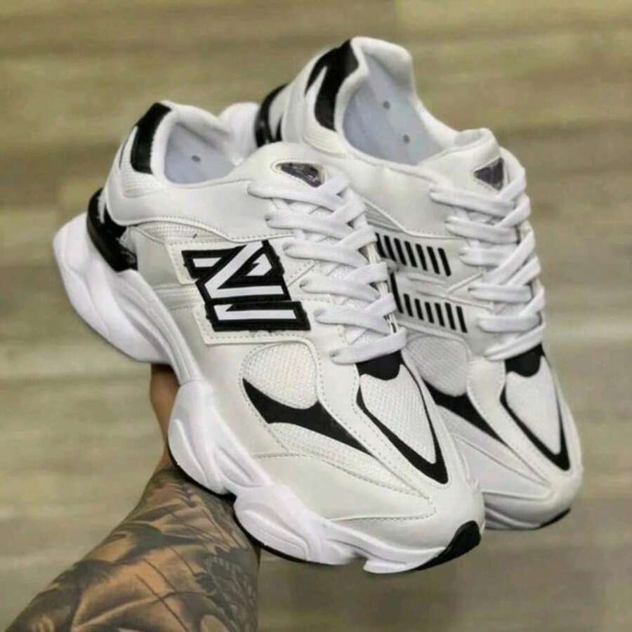 Tênis Unissex Plataforma Corrida Academia Treino Caminhada Leve Macio Estiloso Simples Acolchoado Casual Universitário Desportivo Ao ar livre Rua Academia e fitnes Escola Praia  Amarrar - BRANCO E PRETO - Visão 1