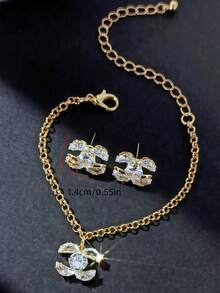 LADYCOCO 2件套时尚优雅立方氧化锆不锈钢链镶嵌水钻吊坠手链和耳环首饰套装，女士 - 彩色 - 查看 4