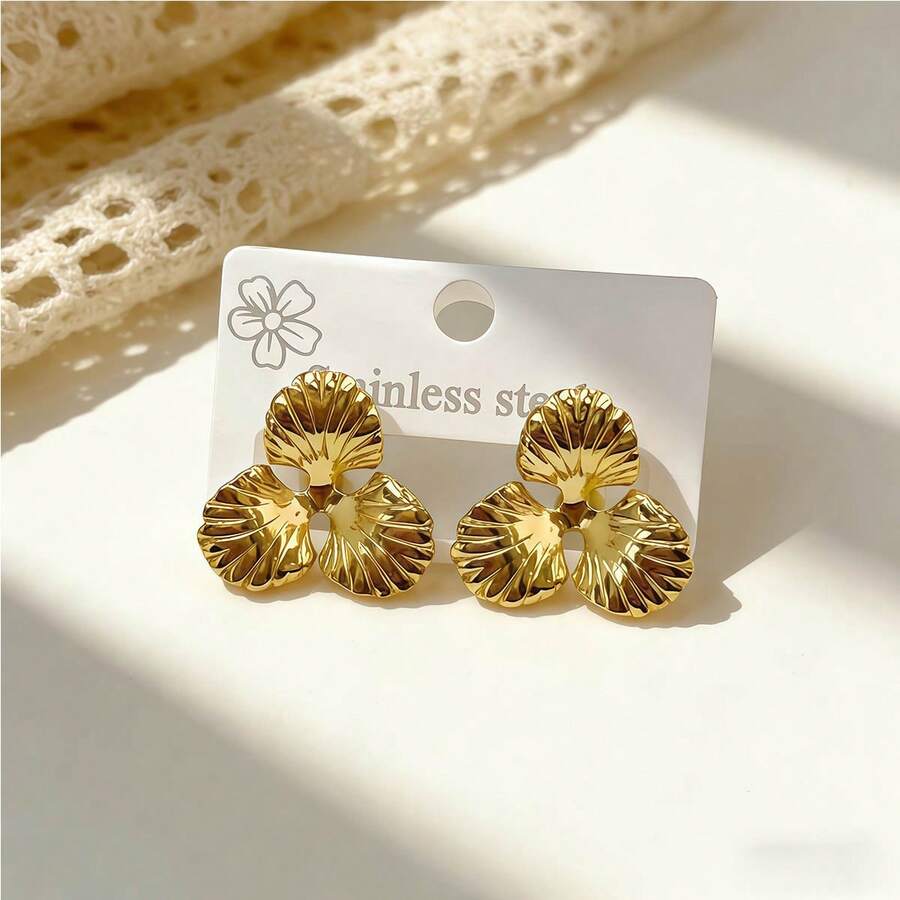 1 Pair, Gold Floral Women's Earrings, 14K Gold Plated Stainless Steel Ear Rings - Fashionable Retro Elliptical Three Pieces Petal Square Earrings, Creative Geometric Irregular Design, Elegant Flower Earrings, Wedding Jewelry - Jewelry, Suitable For Daily Wearing / Wedding Venue / Party Gathering / Banquet - Gold - View 1
