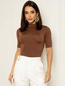 Kit 2 Women's Blouses High Neck T-Shirt Short Sleeve Plain Suplex Cacharrel - 黑色和棕色 - 查看 8