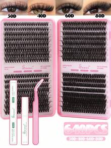 Bộ nối mi 640 sợi, độ dày 30D, 40D, 60D, 80D, gồm nhiều loại mi giả khác nhau từ 9-16mm, bao gồm keo dán mi, nước tẩy trang, dụng cụ uốn mi, giúp tạo hiệu ứng trang điểm mắt 3D dày dặn, bộ dụng cụ tự làm nối mi. - màu đen - Xem 10
