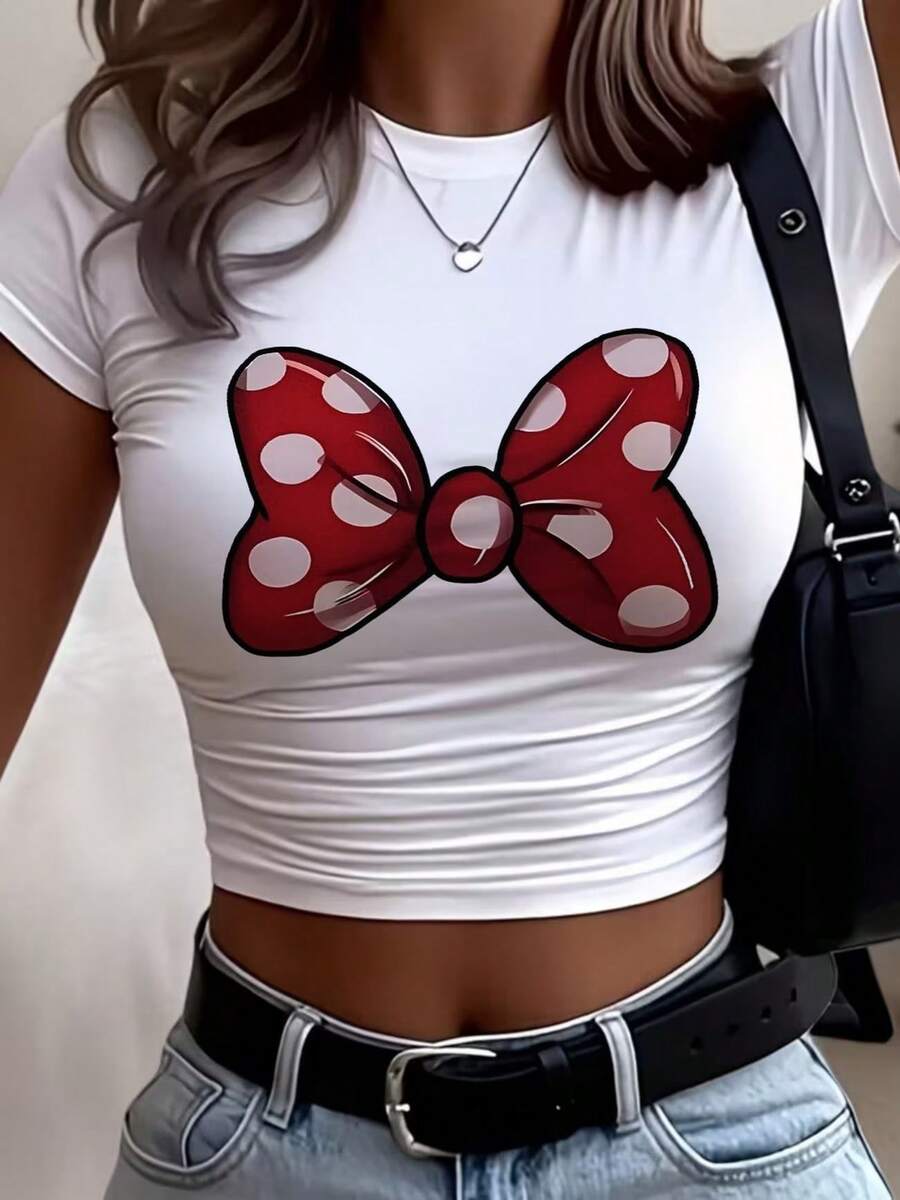 This Women's Short-Sleeved, Loose-Fitting Shirt Features A Red Polka-Dot Bow Pattern And Is A Comfortable And Stylish Y2K-Style Summer Shirt. - 白色 - 查看 1