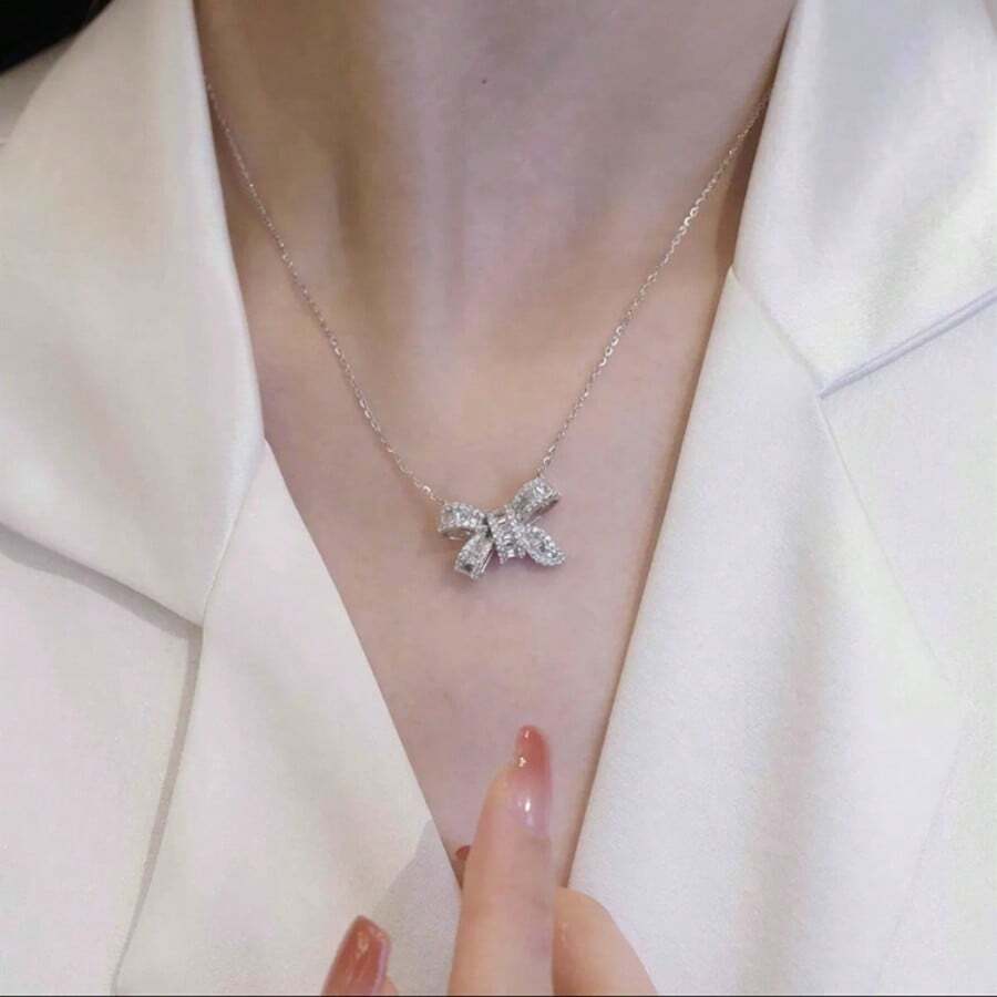 1pc Elegant Sparkling Stainless Steel Cubic Zirconia Butterfly Pendant Necklace, Suitable For Women's Party Wear And Gift - bow tie - View 1