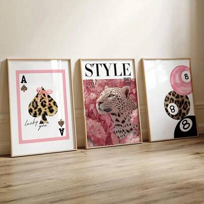 1/3pcs Leopard Cheetah Wall Art Picture 8 Ball Lucky Prints Canvas Paintings Pink Girly Posters Preppy Chic Luxury Decor For Bedroom, Living Room, Or Dorm Room Decor Gift For Her Unframed