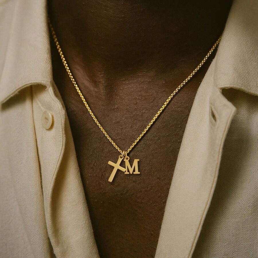 1 chiếc mặt dây chuyền hình thánh giá cổ điển mới, dây chuyền thép không gỉ mạ vàng dành cho nam giới - Vàng - Xem 1