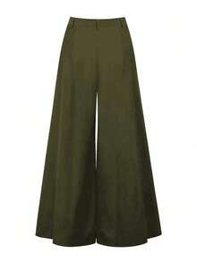 纯色口袋标志女士阔腿裤，适合日常、上学、聚会、机场、通勤等各种场合，四季皆宜，春季穿着。 - 軍綠色 - 查看 8