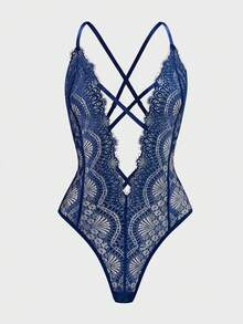 Bộ jumpsuit ren xanh gợi cảm mới, nội y hở lưng cổ chữ V sâu, xuyên thấu, quà tặng bất ngờ ngày Valentine, trang phục dự tiệc. - Xanh đậm - Xem 4