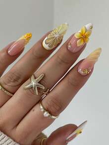 24pcs/Set French Almond-Shaped Ocean Style Elegant 3D Fresh Lemon Flower Tie Dye Polka Dot Sweet Press-On Full Cover Fake Nails With 1pc Jelly Gel And 1pc Nail File, Adding A Romantic Touch To Make You Look Sweet, Suitable For Daily Dates - Multicolor - View 1