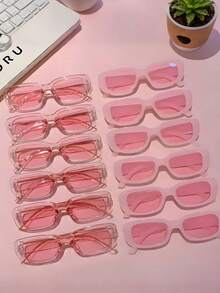 8pcs Fashion Square Frame Party Glasses, Versatile Square Frame Suitable For Beach & Summer, Stylish Pink Oval Small Frame, Suitable For Beach, Party, Photography And Casual Elegant Daily Wear, Women's Minimalist Modern Neutral Street Style - Pink Glasses - View 4