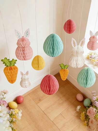 6pcs Easter Hanging Decorations: Paper Pom Poms, Paper Easter Bunnies, Carrot Bunnies, And Pastel Egg Patterns - Perfect For Easter Honeycomb Center Decor, Easter Party Decorations, Tabletop Decor, Spring Party Favors, And Easter Tree Ornaments
