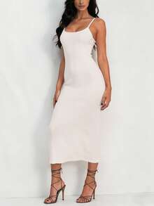 Vestido midi sin mangas de algodón acanalado de unicolor DOUCIU, elegante para fiestas y eventos - Blanco - Ver 2