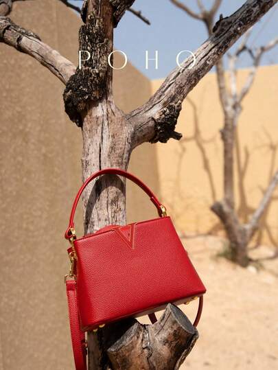  POHO Brand Customized V-Shaped Medium Tote Bag, Elegant Classic Fashion - Red - Letter V