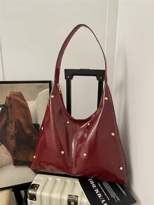 Fashionable Retro PU Leather Rivet Decor Shoulder Bag/Crossbody Bag/Women's Casual Handbag, Suitable For Commuting To Work, Solid Color Bag, Vintage Style Women Bag - Red - View 2