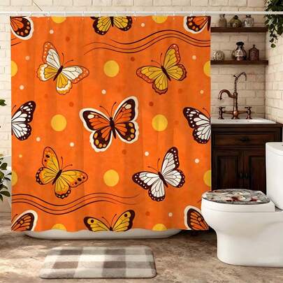橙色帝王蝶浴帘，活力波点波浪蝴蝶图案，防水防霉涤纶浴帘，波西米亚风夏季浴室装饰，色彩缤纷的昆虫主题卫生间隔断，蝴蝶印花家用浴帘，亮橙色帝王蝶浴帘，高耐用速干浴室帘，时尚夏季风格卫生间装饰，流行彩色昆虫浴帘