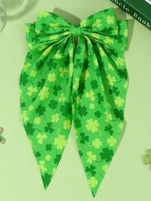 1pc St. Patrick's Day Green Ribbon Big Bow Hair Clip, Clover Hair Clip, Oxalis Print Hair Pin, Suitable For Girls Children's Festival Party Gift - Multicolor - View 1