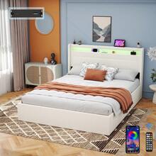 Double Ottoman Bed Frame 135*190 Cm With Charging Station & LED Lights, Upholstered Platform Bed Frame With Under-Bed Storage And Storage Headboard, No Box Spring Needed,White - UK Plug(220-240V) - View 4