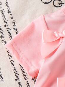 2pcs Baby Girl Casual Fashion 3D Bow Pink Short Sleeve T-Shirt Top And Bow Denim Long Pants Set - Pink - View 6
