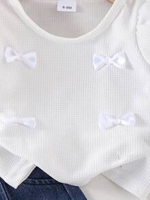 2pcs Baby Girl Summer Casual Set, Includes Round Neck Lantern Sleeve Solid White Waffle Tee And Ruffle Hem Bowknot Irregular Denim Shorts - White - View 5