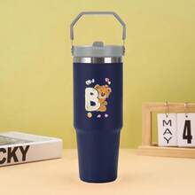 30盎司不锈钢保温水杯，带提手，双层壁防漏，适用于大多数杯架，带盖和吸管，适合健身房、家庭、办公室和旅行，A-Z字母熊图案 - 藏蓝色 - 查看 20