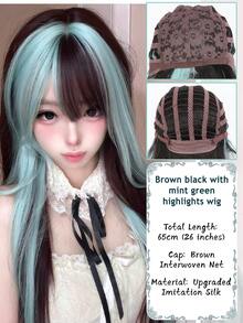 棕黑色挑染薄荷绿长直假发，女士自然发合成洛丽塔假发，日常角色扮演耐热假发 - 彩色 - 查看 7