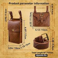 1/2pcs Medieval Waist Bag/Belt Pouch&Belt Set, PU Leather Purse Viking Belt Pouch, Fantasy Wizard Pirate Cosplay Costume, Medieval Role-Playing Accessory - Brown - View 2