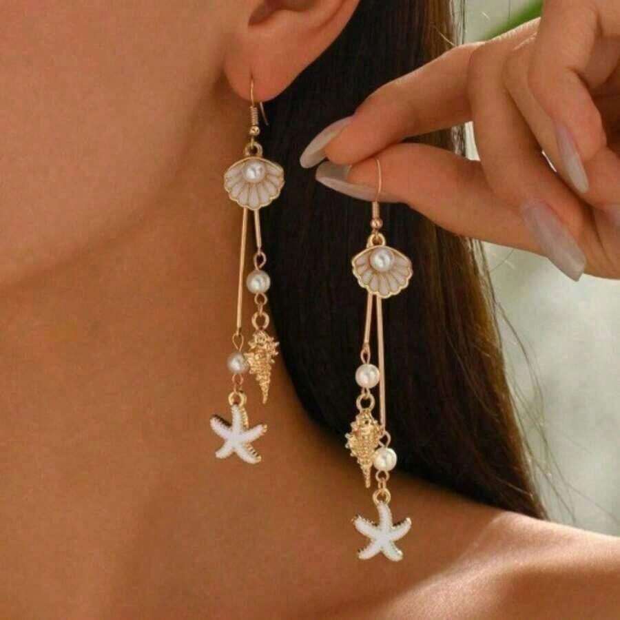 New Pearl Shell Earrings For Women Vacation Style Fashion Starfish Ear Hooks High-End Tassel Conch Earrings For Women S0JL - Gold - View 1