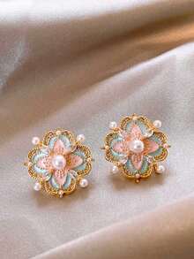 时尚奢华水滴形花朵耳钉，油光处理，高端小众风格，复古花瓣形耳环 - 彩色 - 查看 4