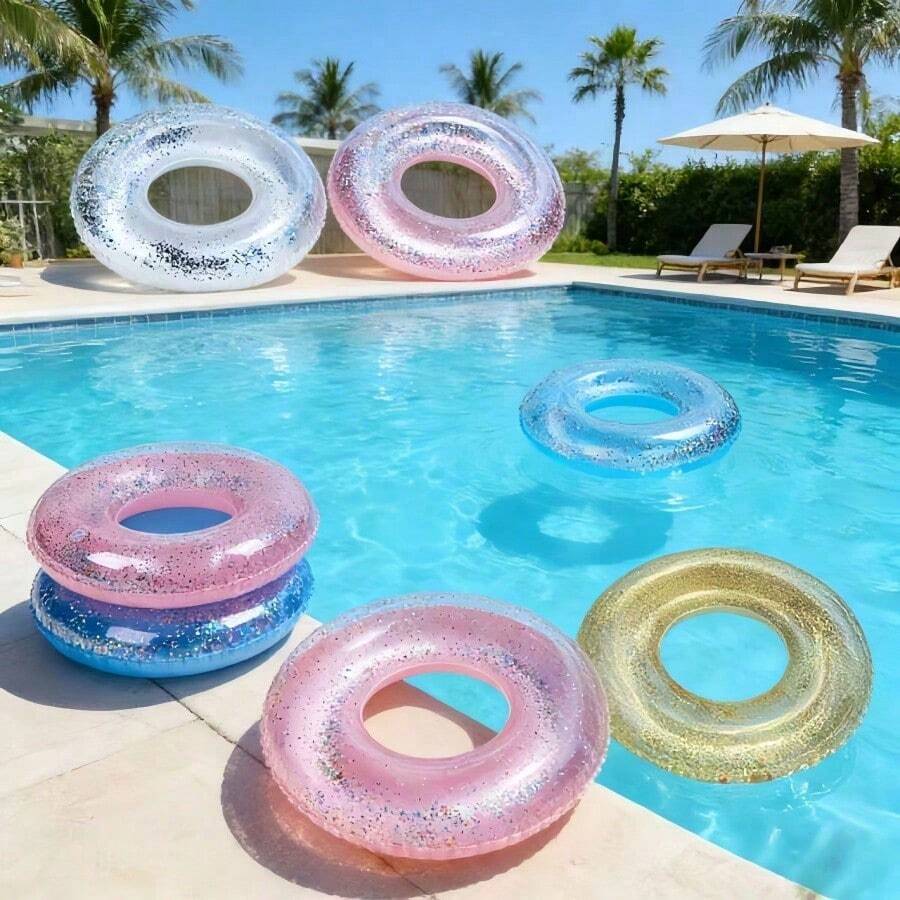 Aro de natación grande transparente con lentejuelas #90, flotador inflable grueso para adultos, flotador de piscina de alta flotabilidad y lindo, diversión acuática de verano - transparente - Ver 1