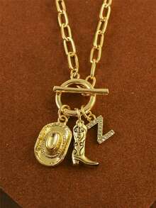 1pc Retro Classic Letter Western Cowboy Hat Pendant, With Gold Stainless Steel Paperclip Chain, Women Necklace - Yellow Gold - View 14