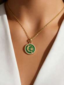 MECYLIFE 1pc Middle Eastern Eid Festival Jewelry, Women's Personalized Star & Moon Necklace With Green Round Pendant - Yellow Gold - View 1