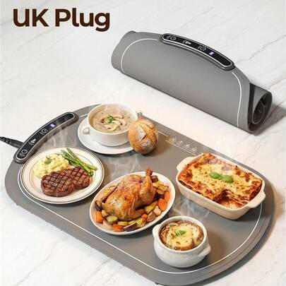1pc Grey Food Warming Mat, Electric Food Warmer Trays For Chafing Dishes & Buffet,Portable Countertop Food Warmers For Parties, 8-Level Temp 8-Hour Timer-UK Plug