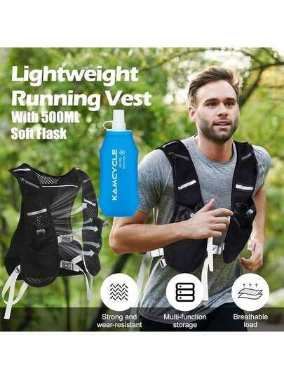حقيبة ظهر خفيفة الوزن للركض سعة 5 لتر مع زجاجة مياه ناعمة سعة 500 مل، حقيبة ظهر تنفس قابلة للتعديل مع عاكس للرياضات المائية والدراجات والتنزه والياقة البدنية، مناسبة للرجال والنساء