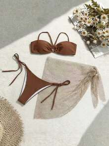 Bộ bikini 3 mảnh không dây màu nâu với chi tiết vòng kim loại và váy che bãi biển bằng lưới bóng, đồ bơi thời trang gợi cảm và thanh lịch cho nữ mặc đi biển, nghỉ dưỡng mùa hè, tiệc hồ bơi - màu nâu - Xem 4