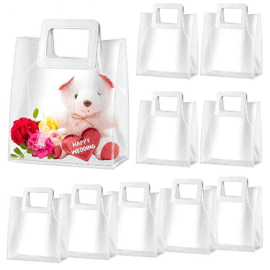 10 piezas, Bolsa de regalo transparente con asa para boda, bolsa de regalo de PVC transparente con asa resistente, adecuada para fiesta nupcial, fiesta de ducha, boda, compromiso, fiesta de inauguración de la casa, fiesta de graduación, fiesta de cumpleaños, Día de San Valentín, bolsa de regalo - A - Ver 1