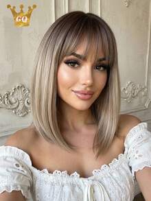 Tóc giả tổng hợp màu nâu ombre 12 inch dành cho nữ, chịu nhiệt, có mái, kiểu tóc bob nhiều lớp màu vàng tro ombre, thích hợp cho cả mặc hàng ngày và dự tiệc. - Màu nâu ombre - Xem 1