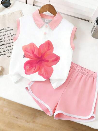 2pcs/Set Girls Floral Print Sleeveless Polo Shirt And Shorts Set, Cute Casual Outfit For Spring/Summer