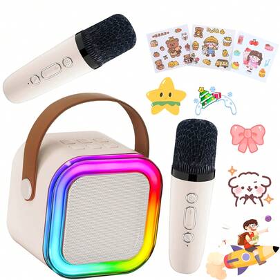 Kids Mini Karaoke Machine, Portable Bluetooth Karaoke Speaker With 2 Bluetooth Microphones & LED Ambient Light, Perfect Must-Have Gift For 3-12+ Years Old Boys Girls, Ideal For 2026 Family Parties