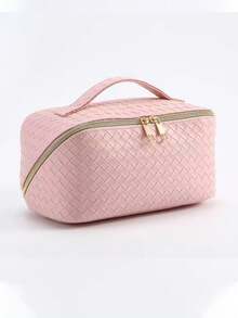 1件装女士奢华化妆包，PU皮革防水洗漱包，便携式化妆品收纳包，大容量旅行配件包，编织纹理，情人节礼物，女士旅行必备，邮轮必备，女士沙滩包，女士钱包手提包，伴娘礼物 - 彩色 - 查看 15