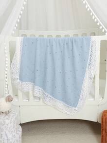 1件装休闲简约时尚婴儿针织毯，甜美蕾丝拼接儿童舒适毯，四季皆宜 - 淺藍 - 查看 2