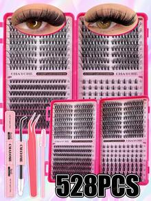 608/544/528片装DIY单根假睫毛，多款式假睫毛一盒，8-16毫米混合长度条状假睫毛，柔软持久，套装包含睫毛胶、定型液、刷子和镊子，适合日常、约会、派对和节日，易于佩戴。 - 粉色 - 查看 13