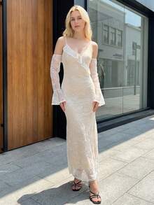 Women Floral Lace Dress Ruffles Trim Off-Shoulder Sleeve Backless Party Dress for Cocktail Vacation Club Streetwear - Blanco - Ver 5