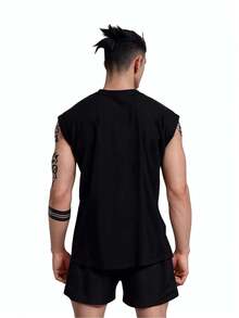 Parte superior deportiva sin mangas estilo novio para hombre, ideal para actividades al aire libre como correr, ejercicio y talla grande. Ropa deportiva de secado rápido y transpirable con camiseta estampada con fe. - Negro - Ver 3