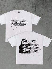 Double-Sided Digital Flame Face Printed-Shirt With Motif Breathable-Shirt |   Avant-Garde Casual Wear 1Pcs Casual Soft Short Sleeve% Cotton 180gsm Graphic Tees Women Summer Clothes Graphic Tees Men - 白色1 - 查看 6