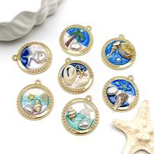 2/7 piezas Colgante redondo con estilo de playa, chapado en oro, con diseño de estrella de mar, concha y estilo retro francés en color azul océano para hacer collares, aretes y accesorios de llavero - Azul - Ver 2