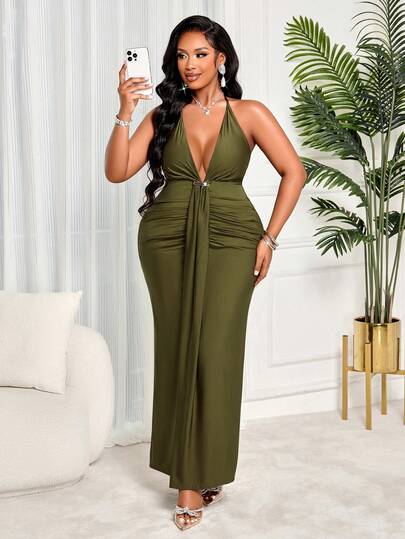 BIUBIU Plus Size Olive Green Halter Neck Party Dress, Elegant Ruched Waist Formal Maxi Dress For Women Summer